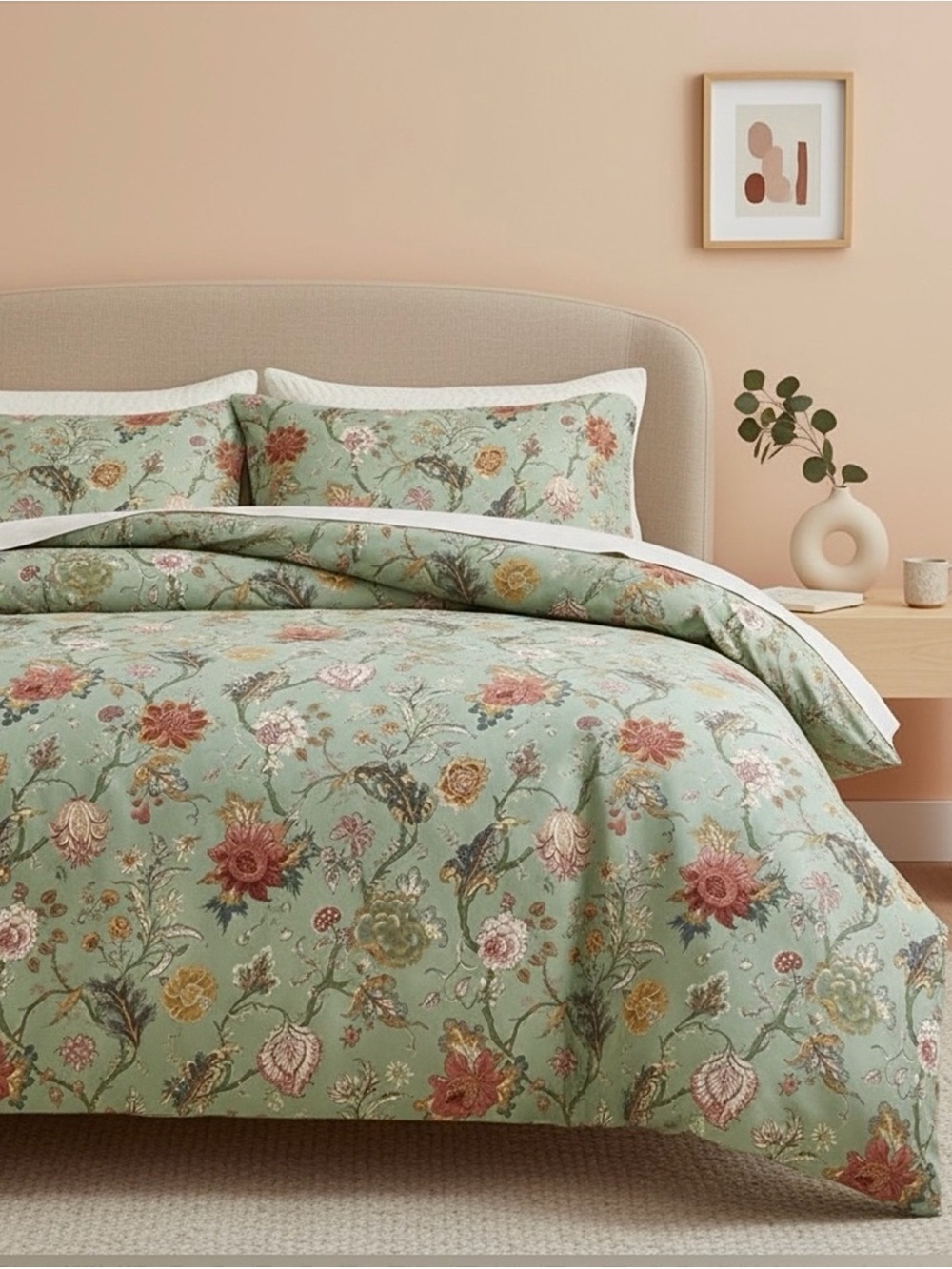 NEW Anthro Green Floral Queen / King Size Boho Retro Duvet Bedding Sham Case Set